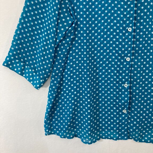 Susan Graver Top 2X Blue White Polka Dot Soft Flowy 3/4 Sleeve Chiffon Button Up - Picture 4 of 11